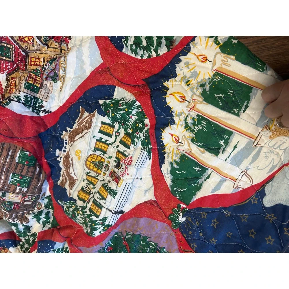 Vintage Christmas Winter Village Quilt Red Blue Green Holiday full comforter